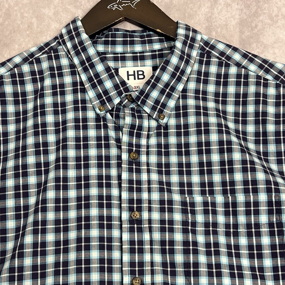 HB Men's 3XL Black Light Blue Plaid Short Sleeve Button Down Cotton Shirt